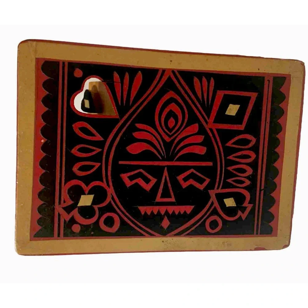 Vtg Unique Cut Out Design Wood Playing Card Box Hand Painted Holds 2 Decks Read